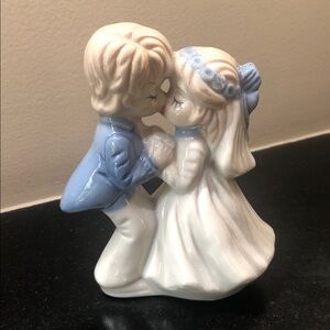 Vintage Ceramic Porcelain Figurine of Kissing Wedding Couple Cake Topper- Blue